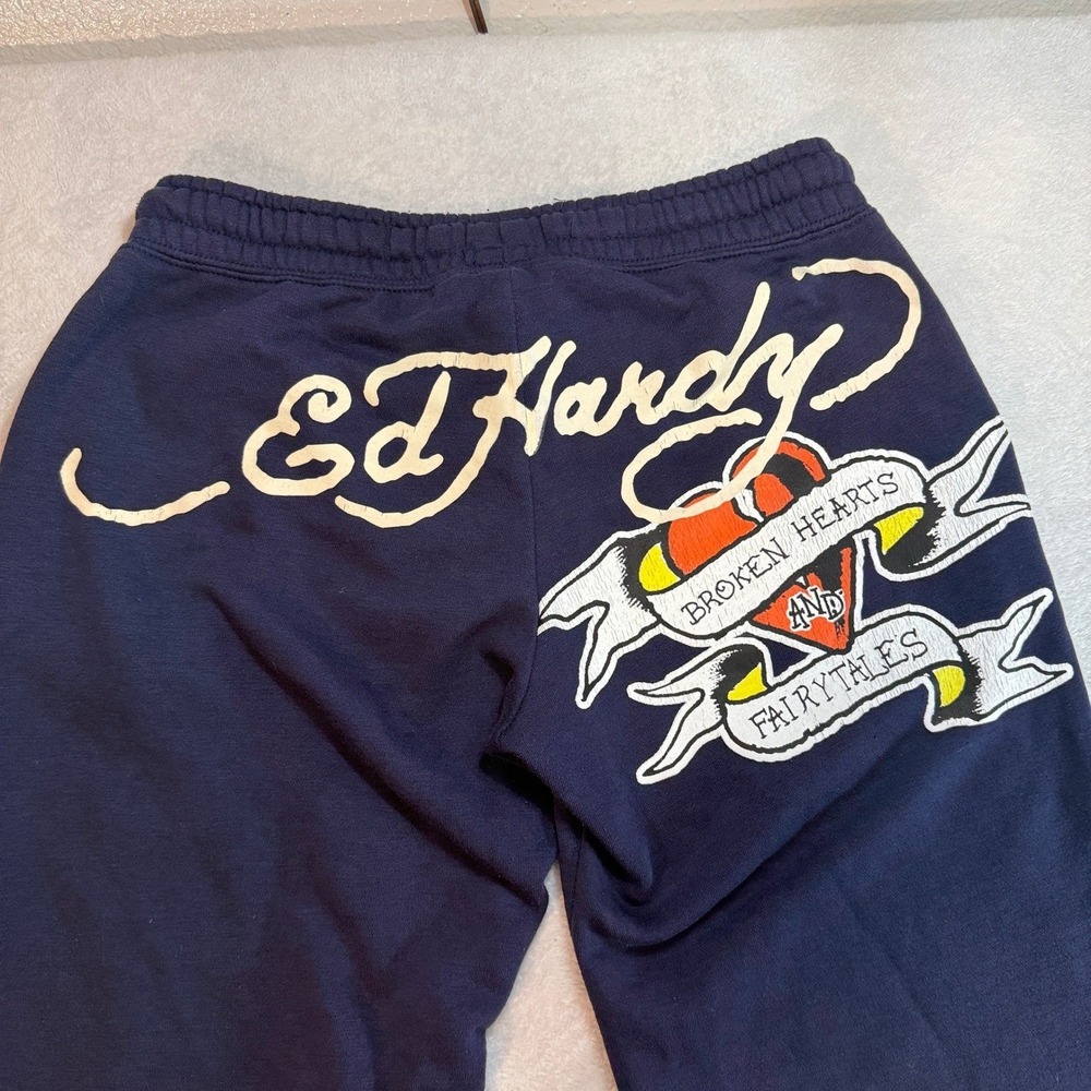 Ed Hardy Navy Blue Wide Leg Sweatpants Logo Drawstring Fleece Pants M EHW8200-55